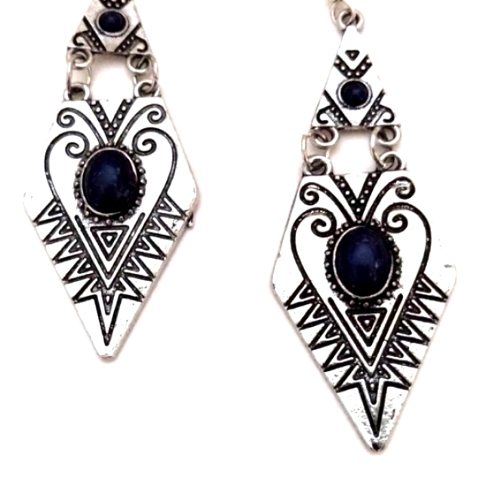 VINTAGE TRIANGULAR GEOMETRIC DROP DANGLE SILVER-TONE & BLUE HOOK 2.8" EARRINGS - Picture 3 of 6
